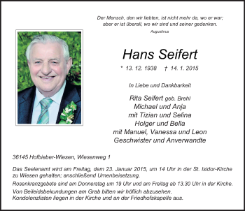 Traueranzeige von Hans Seifert 