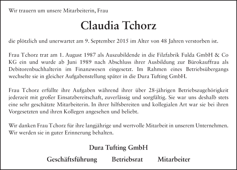  Traueranzeige für Claudia Tchorz vom 21.09.2015 aus 