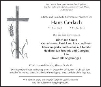 Traueranzeige von Hans Gerlach 
