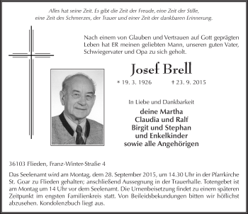 Traueranzeige von Josef Brell 