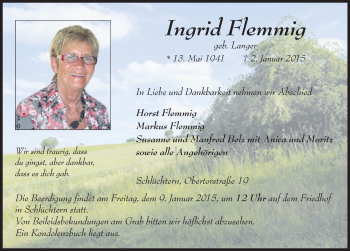 Traueranzeige von Ingrid Flemmig 