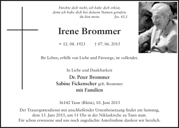 Traueranzeige von Irene Brommer 