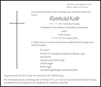 Traueranzeige von Reinhold Kolb 