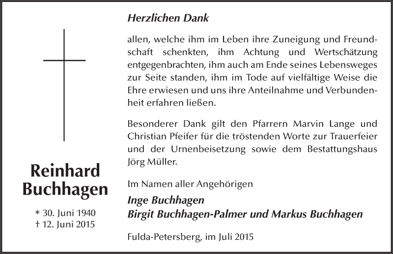  Traueranzeige für Reinhard Buchhagen vom 16.07.2015 aus 