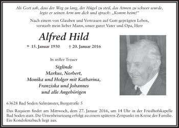 Traueranzeige von Alfred Hild 