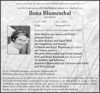 Traueranzeige von Ilona Blumenthal 