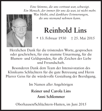 Traueranzeige von Reinhold Lins 