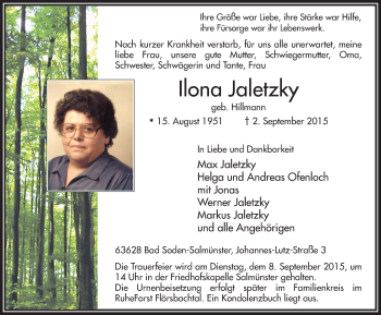 Traueranzeige von Ilona Jaletzky 