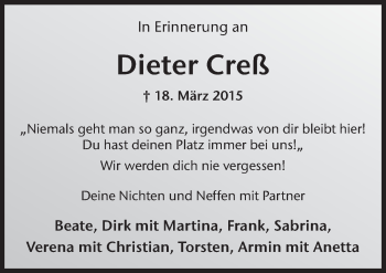 Traueranzeige von Dieter Creß 