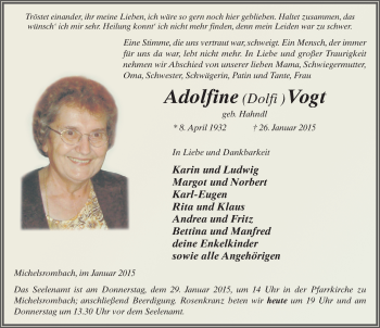 Traueranzeige von Adolfine Vogt 