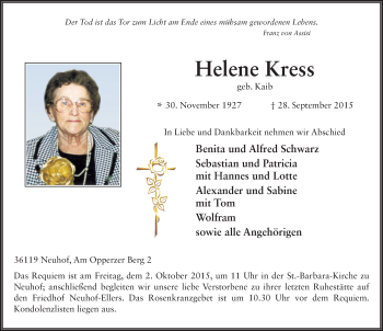 Traueranzeige von Helene Kress 