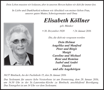 Traueranzeige von Elisabeth Köllner 