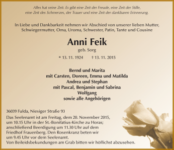 Traueranzeige von Anni Feik 