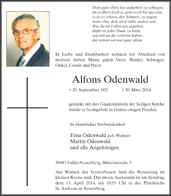 Traueranzeige von Alfons Odenwald von Fuldaer Zeitung