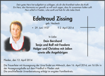 Traueranzeige von Edeltraud Zissing von Fuldaer Zeitung