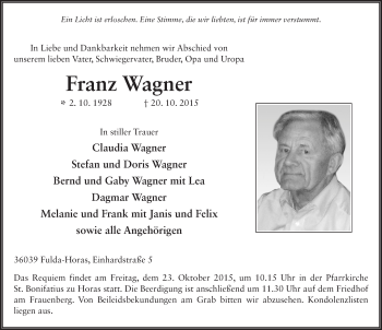 Traueranzeige von Franz Wagner 