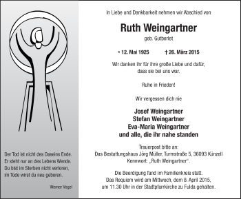 Traueranzeige von Ruth Weingartner 
