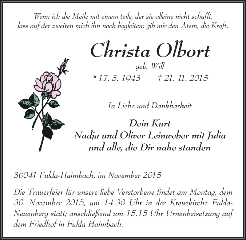  Traueranzeige für Christa Olbort vom 25.11.2015 aus 