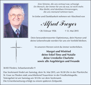 Traueranzeige von Alfred Freyer 