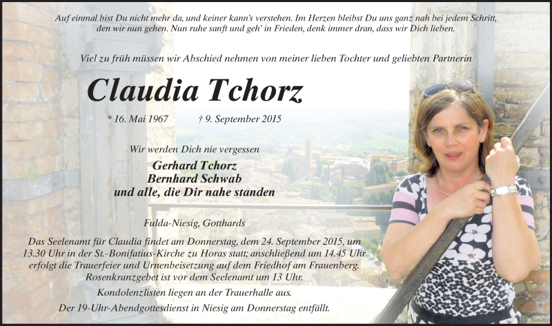  Traueranzeige für Claudia Tchorz vom 21.09.2015 aus 