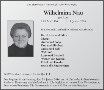 Traueranzeige von Wilhelmina Nau 