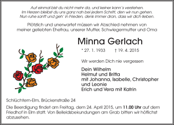 Traueranzeige von Minna Gerlach 