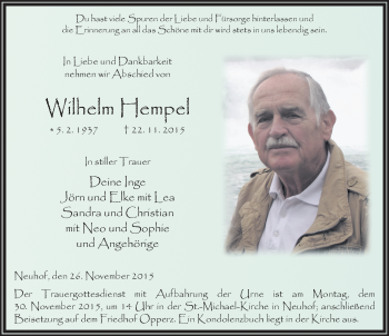 Traueranzeige von Wilhelm Hempel 
