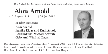 Traueranzeige von Alois Arnold 