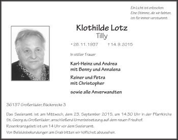 Traueranzeige von Klothilde Lotz 
