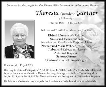 Traueranzeige von Theresia Gärtner 