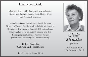 Traueranzeige von Gisela Strnisko 