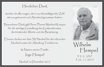 Traueranzeige von Wilhelm Hempel 