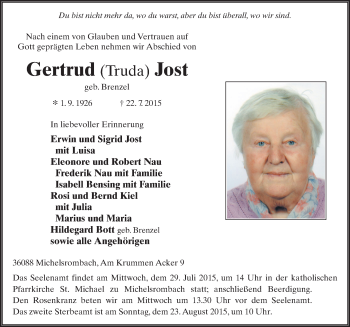 Traueranzeige von Gertrud Jost 