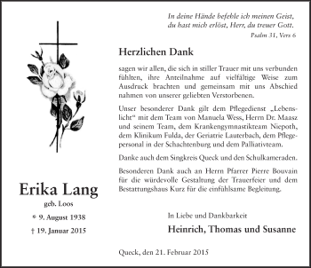 Traueranzeige von Erika Lang 