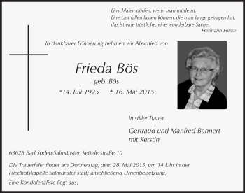 Traueranzeige von Frieda Bös 