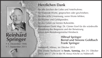 Traueranzeige von Reinhard Springer 
