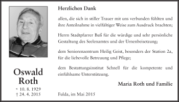 Traueranzeige von Oswald Roth 