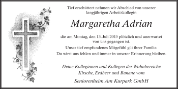 Traueranzeige von Margaretha Adrian 