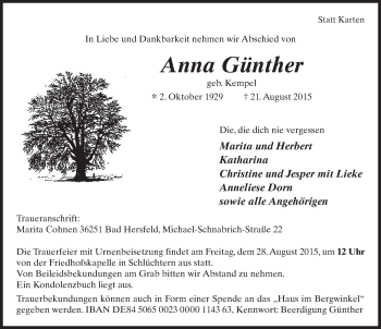 Traueranzeige von Anna Günther 