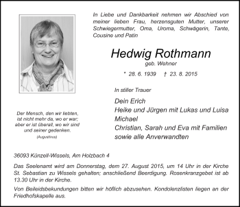 Traueranzeige von Hedwig Rothmann 