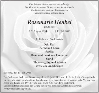 Traueranzeige von Rosemarie Henkel 