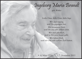 Traueranzeige von Ingeborg Maria Brandt 