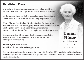 Traueranzeige von Emmi Hüter 