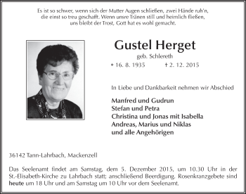 Traueranzeige von Gustel Herget 