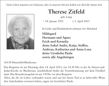 Traueranzeige von Therese Zitfeld 