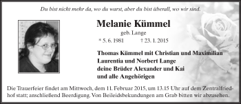 Traueranzeige von Melanie Kümmel 