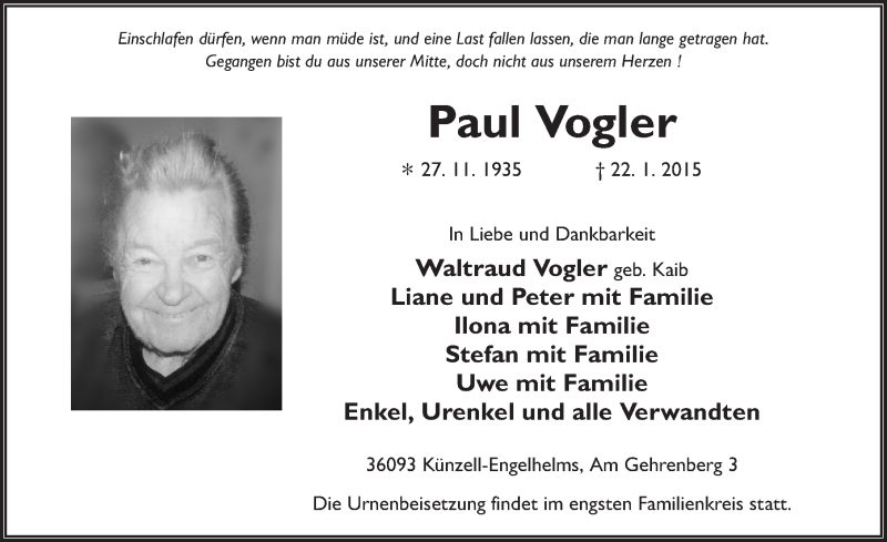  Traueranzeige für Paul Vogler vom 28.01.2015 aus 