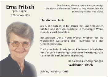 Traueranzeige von Erna Fritsch 
