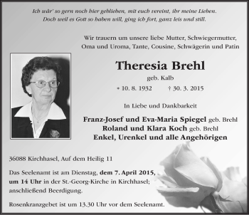 Traueranzeige von Theresia Brehl 
