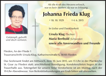 Traueranzeige von Johanna Frieda Klug 